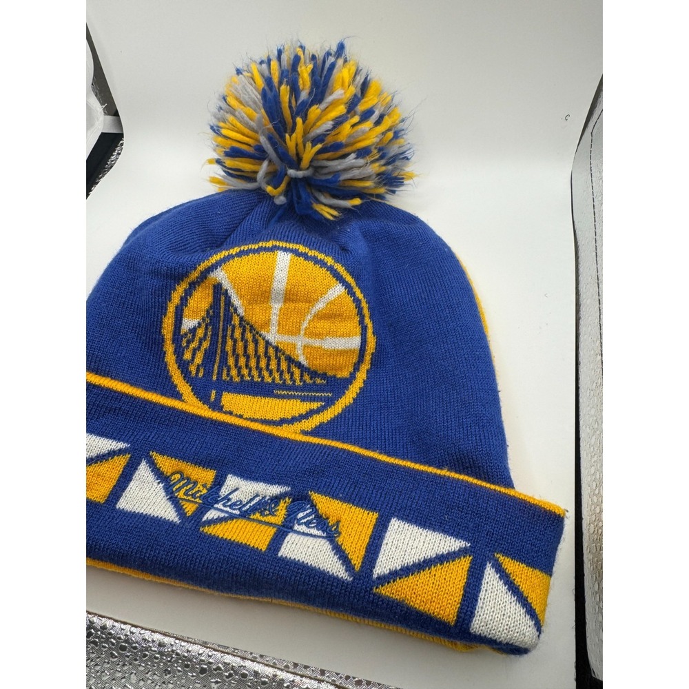 VTG‎ Mitchell & Ness Golden State Warriors Beanie Cap Unisex Blue Yellow Pom Pom - Picture 3 of 8